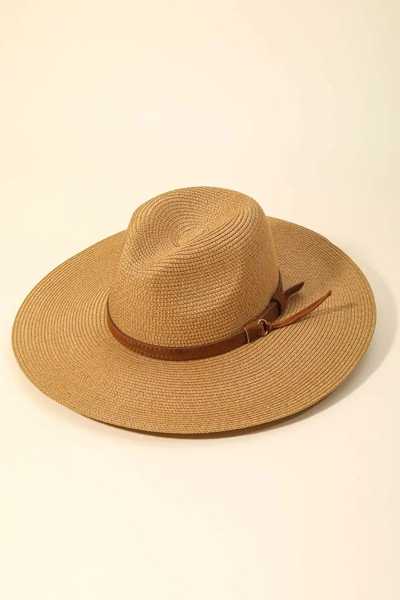 Faux Leather Belt Straw Fedora Hat