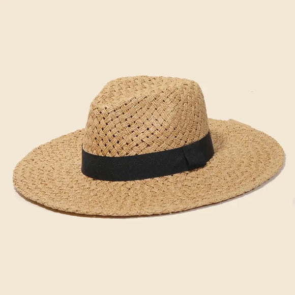 Straw Braided Black Ribbon Strap Sun Hat