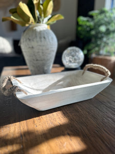 White Wash Wooden Tray with Rope Handles