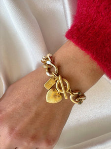 Gold Chunky Heart Charm Bracelet & "love" bar