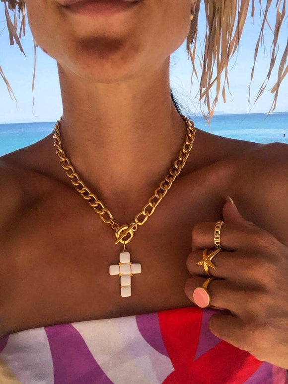 White Cross Necklace with Gold Chain
