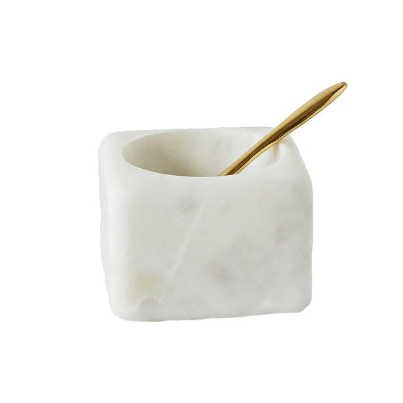 SQUARE WHITE MARBLE BOWL WITH BRASS SPOON